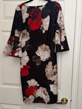 Calvin Klein Black Midi Dress with Red & White Roses